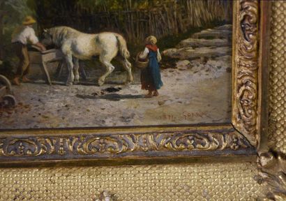 null Giulio GORRA (1832-1884) Jeunes paysans abreuvant un cheval Huile sur carton...