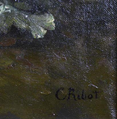 null C RIBOT (XIXe siècle) Bouquet de fleurs Huile sur toile signée en bas à droite...