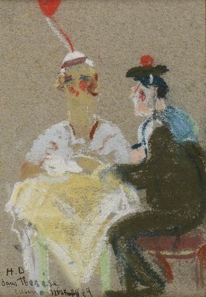 null Henriette DELORAS (1901-1941) Scène au café Pastel sur papier annoté et monogrammé...