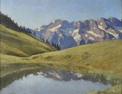 null Charles-Henry CONTENCIN (1898-1955) Lac de montagne Huile sur panneau signée...