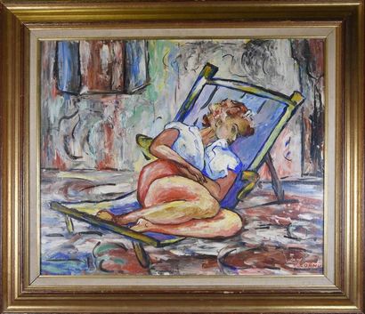 null Pierre CORNU (1885-1996) Femme dans sa chaise longue Huile sur panneau signée...