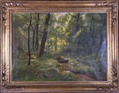 null Théodore LESPINASSE (1846-1918) Sous bois à Tassin Huile sur toile signée en...