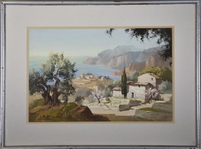 null L. BETON? (XXe siècle) Paysage de bord de mer Paire de gouaches signées H. 26...