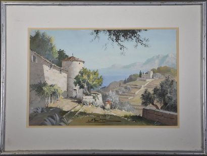 null L. BETON? (XXe siècle) Paysage de bord de mer Paire de gouaches signées H. 26...