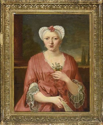 École FRANÇAISE du début du XVIIIe siècle Portrait de femme à la robe rouge et au...