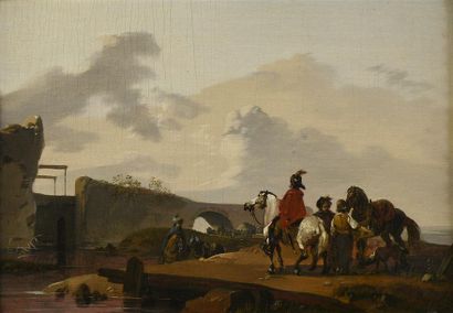Claude Michel Hamon DUPLESSIS (actif c.1791-c.1799) La halte des cavaliers
Le Pont-levis
Deux...