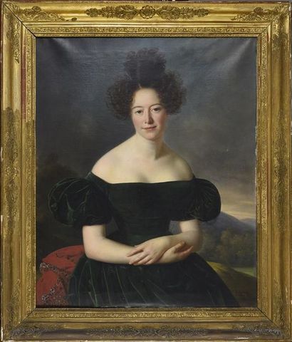 Joseph Jean VAUDECHAMP (1790-1866) Portrait de dame de qualité à la robe verte
Huile...