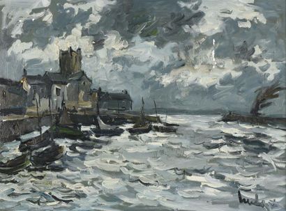 Fernand HERBO (1905-1995) Barfleur, la tempête
Huile sur toile, signée en bas à droite
H....