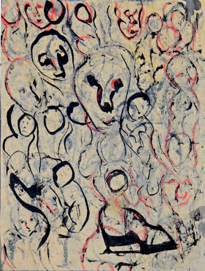 GASTON TEUSCHER (1903-1986) 
Visages
Encre et crayons de couleurs sur papier recto-verso
H....
