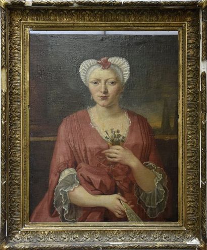 null Ecole FRANCAISE du début du XVIIIe siècle Portrait de femme à la robe rouge...
