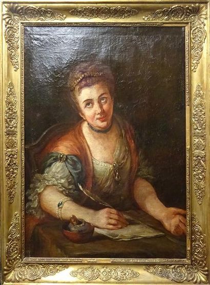 null Ecole FRANCAISE du XVIIIe siècle Jeune femme écrivant Huile sur toile, rentoilée...