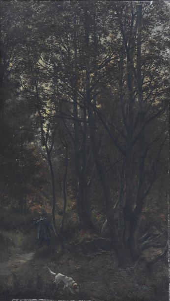 null Auguste ALLONGÉ (1833-1898)
Chasseur et son chien sur un chemin de forêt
Huile...