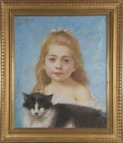 null Francine CHARDERON ( 1861-1928) Fillette au chat noir Pastel signée et datée...