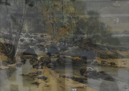 null Hippolyte Jean Adam GIDE (1852-1921) Bord de rivière dans un sous-bois Aquarelle...
