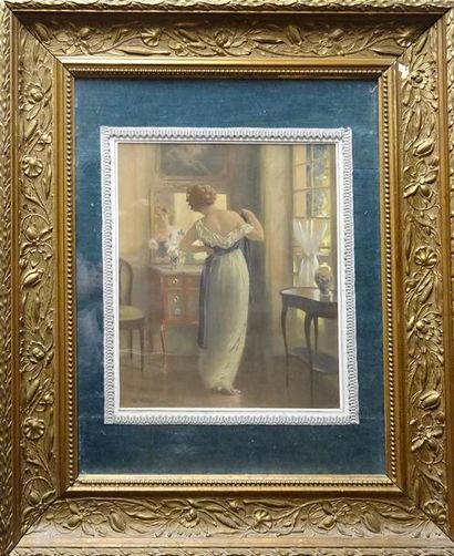 null Édouard GELHAY (1856-1939) Devant le miroir Peinture sur soie signée en bas...