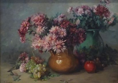 null M.PRAVAZ (?) Nature morte aux fleurs et aux fruits Huile sur toile, signée et...