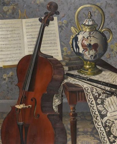 null Alphonse RODET (1890-1975) Nature morte au violoncelle Huile sur toile, signée...