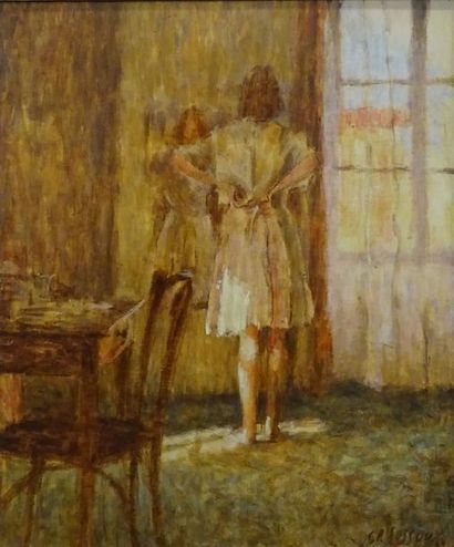 null Claude FOSSOUX (né en 1946) Jeune femme au miroir Huile sur toile, signée en...