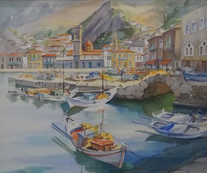 null Janick LEDERLÉ (1917-2013) Le port d'Hydra (Grèce) Aquarelle, signée et datée...