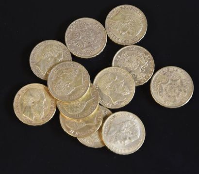 null BELGIQUE Treize pièces en or, 20 Francs 1870 (x3), 1874 (x2), 1875 (x2), 1876...