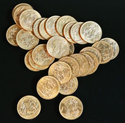 null ROYAUME-UNI Lot de vingt-neuf pièces en or, Souverain 1872, 1878 (x2), 1888,...