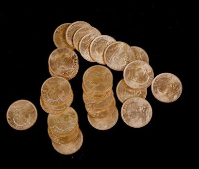 null SUISSE Lot de vingt-cinq pièces en or, 20 Francs 1915 (x4), 1922, 1927 (x2),...