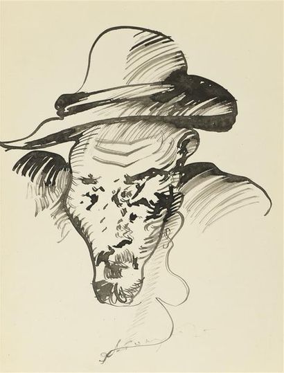 null Anatoly ZVEREV (1931-1986) Autoportrait au chapeau Encre sur papier, titrée...