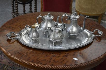 null Service à thé et café en métal argenté gravé et guilloché, comprenant une cafetière,...