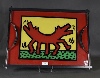 null Travail contemporain Plateau illustré d'après Keith Haring, et son support H....
