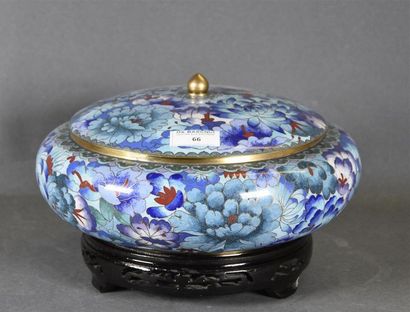 null JAPON, XXe siècle Pot couvert applati à décor cloisonné de chrysanthèmes sur...