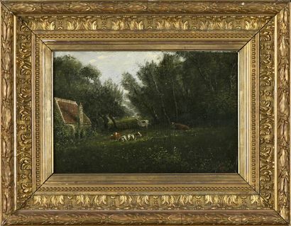 null Ecole de Barbizon, fin du XIXe siècle Paysages d'orée de bois animés Deux huiles...