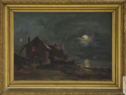 null Ecole FRANCAISE du XIXe siècle Bord de mer au clair de lune Huile sur toile...