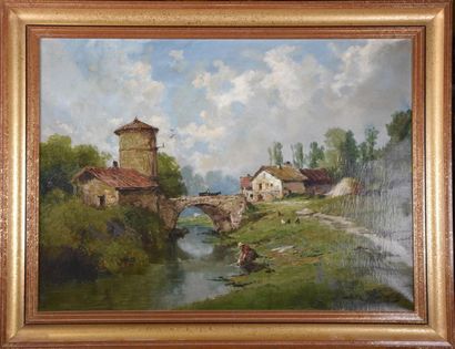 null Thédore LEVIGNE (1848-1912) Paysage de ferme devant une rivière animée de canards...