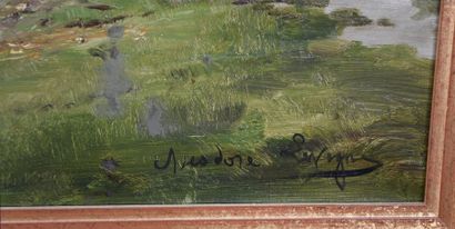 null Thédore LEVIGNE (1848-1912) Paysage de ferme devant une rivière animée de canards...