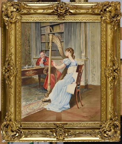 null Alfred WEBER (1862-1922) Le cardinal et la jolie Harpiste Aquarellle signée...