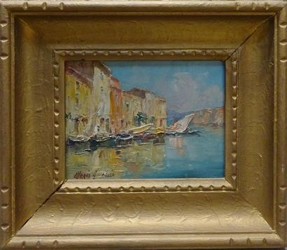 null Mério AMEGLIO (1897-1970) Vue de port de Martigues Huile sur toile, signée en...