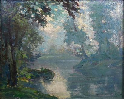 null Pierre-Antoine CLUZEAU (1884-1963) Rivière en sous bois Huile sur isorel, signée...