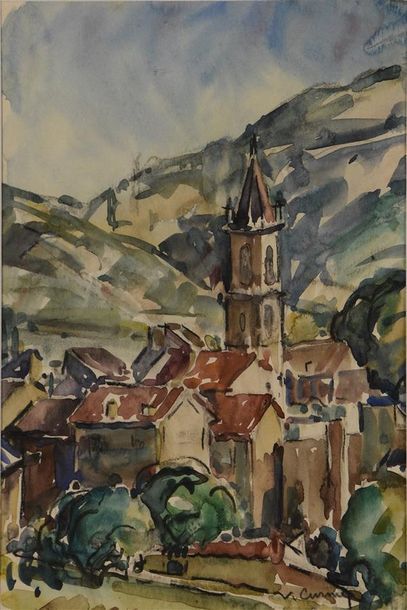 null Venance CURNIER (1885-1971) Village de la campagne lyonnaise Aquarelle et fusain...