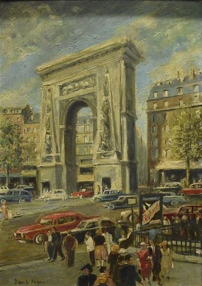 null Emile HERPIN (XXe siècle) Porte Saint Denis à Paris Huile sur isorel signée...