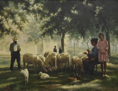 null A MOURRE (XXe siècle) La bergère et ses moutons Huile sur toile signée en bas...