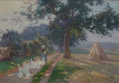 null Raymond PERREAU (1874-1976) Le retour des glaneuses Huile sur toile signée en...