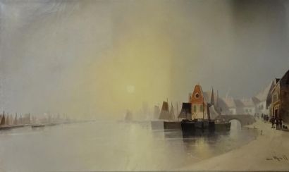 null Auguste VAN HIER (XIXe-XXe siècle) Le port hollandais au crépuscule Huile sur...
