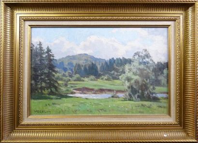 null Emile WEGELIN (1875-1962) Le lac au milieu des sapins Huile sur carton signée...