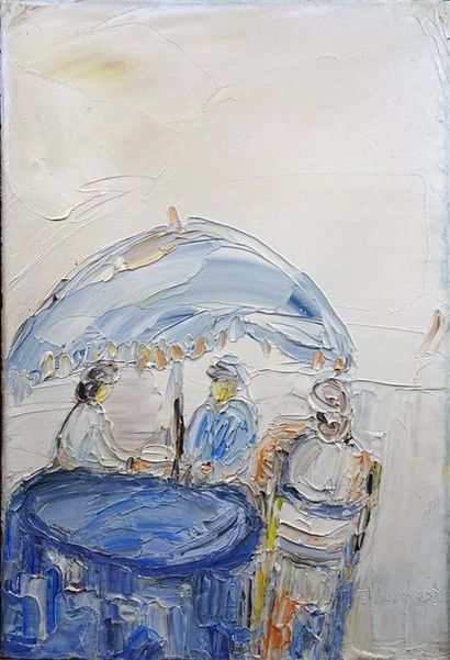 null Monique LEINERT (XXe siècle) Déjeuner de trois dames sous un parasol Huile sur...