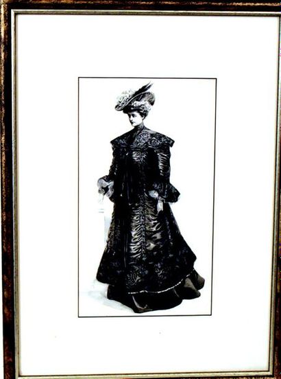 null Aquarelle en couleurs représentant une femme habillée à la mode de 1900. encadrement...