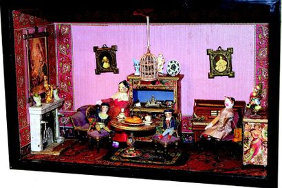 null Chambre de poupées Napoléon III avec meubles anciens et quatre poupées en bois,accessoires...