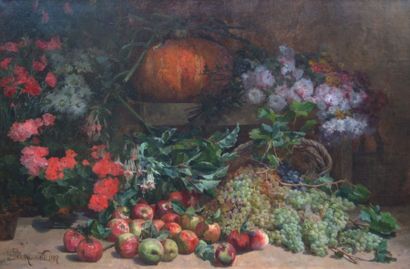 null Pierre BOURGOGNE (1838-1904)

Nature-morte fruits, fleurs et légumes, 1887 

Huile...