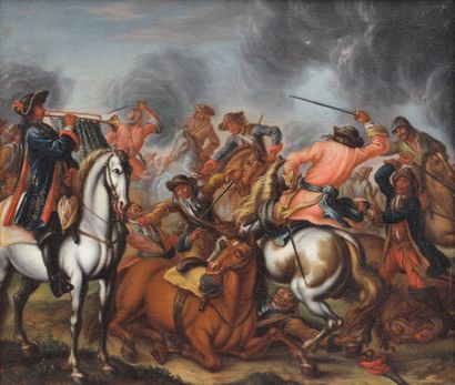null ECOLE FRANCAISE XVIIIe /  XIXe SIECLE
Choc de cavalerie
Huile sur toile 
57...