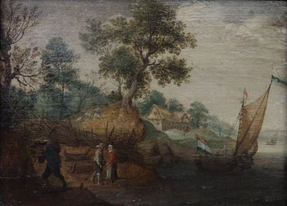null ECOLE HOLLANDAISE du XVIIe siècle 

Paysage fluvial avec villageois sur un chemin...