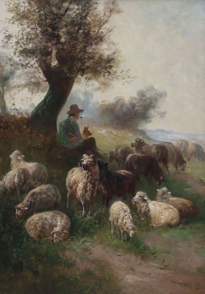 null SCHULTZ ? (XIXe) 

Berger et troupeau au pied d'un arbre 

Huile sur toile signée...